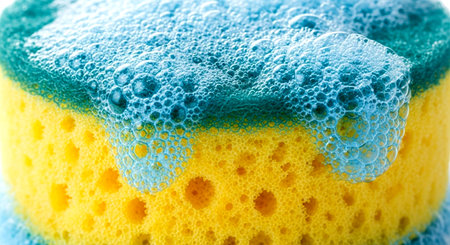 a close up of a yellow and green sponge covered in blue soap bubbles, perfect for cleaning and washing This image features a transparent background, making it versatile for various design projects.の素材