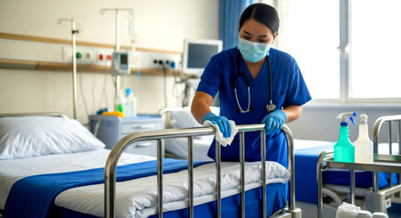 nurse in scrubs and mask disinfects a hospital bed with a wipe, ensuring a clean and safe environment This image features a transparent background, making it versatile for various design projects.の素材