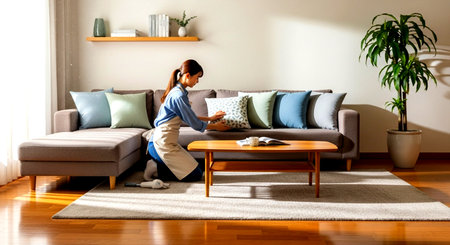 a woman is arranging pillows on a couch in a bright living room with a coffee table and potted plant near by This image features a transparent background, making it versatile for various design projects.の素材