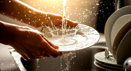 close up of hands washing a white plate with water splashing in a stainless steel kitchen sink area now This image features a transparent background, making it versatile for various design projects.の素材