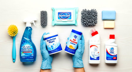 a flat lay of cleaning supplies including glass cleaner toilet bowl cleaner and disinfectant wipes on white tile This image features a transparent background, making it versatile for various design projects.の素材