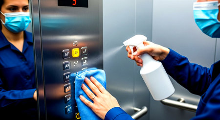 workers are cleaning the elevator buttons with spray and cloth wearing face masks for safety and hygiene. This image features a transparent background, making it versatile for various design projects.の素材