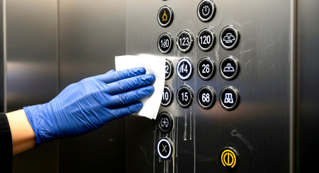 a gloved hand cleans elevator buttons with a wipe, ensuring hygiene and safety in public spaces today This image features a transparent background, making it versatile for various design projects.の素材