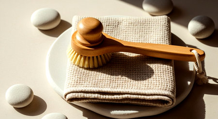 a wooden brush rests on a folded towel, surrounded by white stones on a plate under soft lighting This image features a transparent background, making it versatile for various design projects.の素材
