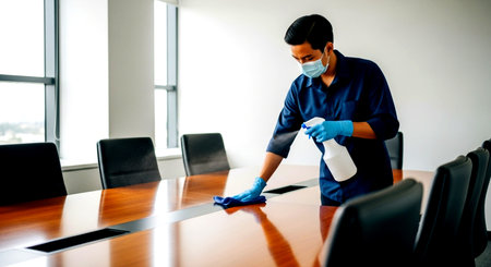 man wearing a mask and gloves is cleaning a conference table with a spray bottle and a cloth in an office This image features a transparent background, making it versatile for various design projects.の素材