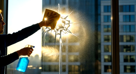 a man is cleaning a window with a yellow cloth and a spray bottle, buildings are visible in background This image features a transparent background, making it versatile for various design projects.の素材