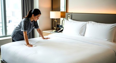 a hotel maid is making a bed in a modern room with white linens and a window with a city view in the background This image features a transparent background, making it versatile for various design projects.の素材