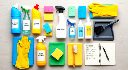 a flat lay of cleaning supplies including bottles sponges gloves and a checklist notepad on white surface This image features a transparent background, making it versatile for various design projects.の素材