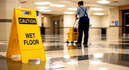 a yellow wet floor sign stands on a shiny floor as a worker mops in the background of a building hallway This image features a transparent background, making it versatile for various design projects.の素材