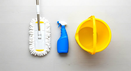 Cleaning tools on a white wooden background. Top view with copy space.の素材