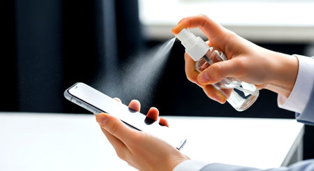 Close-up of woman spraying antiseptic on smartphone. Concept of disinfectionの素材