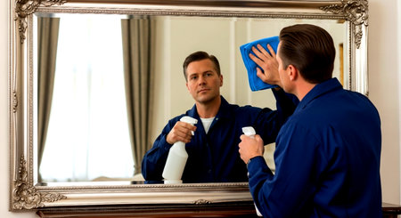 Man looking at mirror and holding a bottle of detergent in his handの素材