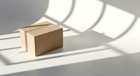 a cardboard box on a white surface with window shadows creating a clean and minimalist composition This image features a transparent background, making it versatile for various design projects.の素材