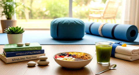 a scene of wellness with a yoga mat, fruit bowl, and smoothie, promoting a healthy and mindful lifestyle This image features a transparent background, making it versatile for various design projects.の素材