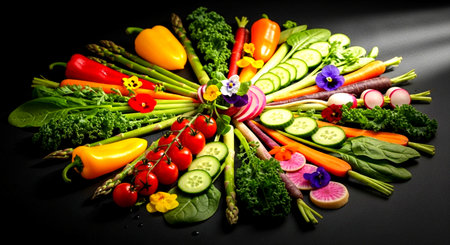 a vibrant display of fresh vegetables and flowers arranged in a circle on a dark black background surface This image features a transparent background, making it versatile for various design projects.の素材