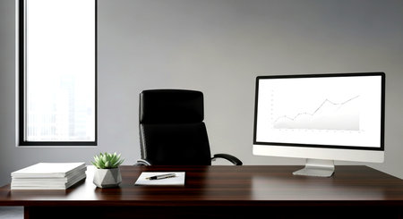 a clean office desk with a computer displaying a graph, chair, plant, and stack of papers by a window This image features a transparent background, making it versatile for various design projects.の素材