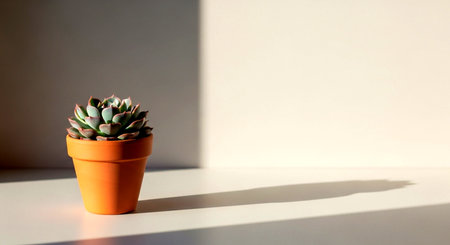 a succulent in a terracotta pot sits on a white surface with a long shadow against a neutral background This image features a transparent background, making it versatile for various design projects.の素材