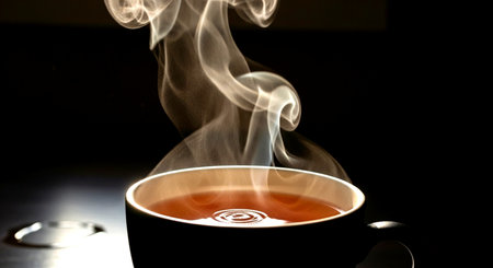 a close up shot captures a steaming cup of tea with vapor rising against a dark, minimalist background This image features a transparent background, making it versatile for various design projects.の素材