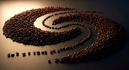 a captivating spiral of coffee beans, radiating warmth and inviting aroma on a sleek, dark surface design This image features a transparent background, making it versatile for various design projects.の素材