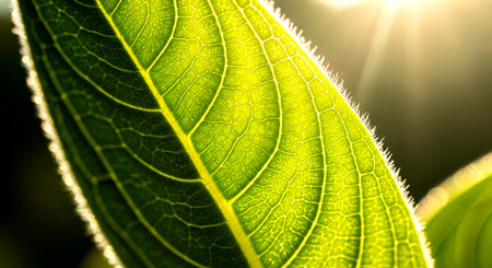 a close up shot of a green leaf with detailed veins, illuminated by sunlight, showcasing natural textures. This image features a transparent background, making it versatile for various design projects.の素材