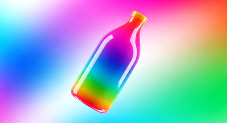 a vibrant rainbow bottle stands out against a blurred, colorful background, creating a striking visual effect This image features a transparent background, making it versatile for various design projects.の素材
