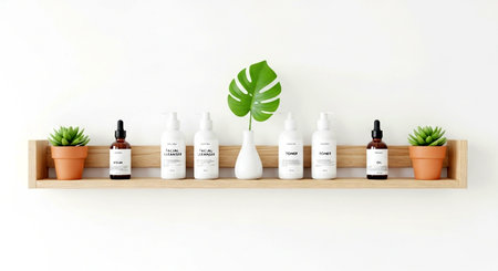 a clean arrangement of skincare bottles and plants on a wooden shelf against a crisp white background This image features a transparent background, making it versatile for various design projects.の素材