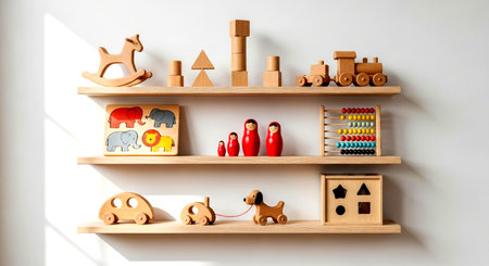a collection of wooden toys displayed on shelves against a white wall in a brightly lit room setting This image features a transparent background, making it versatile for various design projects.の素材