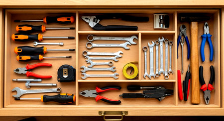 Toolbox with different tools. Top view. Close-up.の素材
