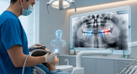 modern dental clinic with ai analysis of x ray scan for teeth healthcare and oral treatment by dentist 100の素材