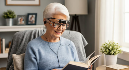 senior woman using augmented reality glasses to read a book, enhancing her vision and reading experience at homeの素材