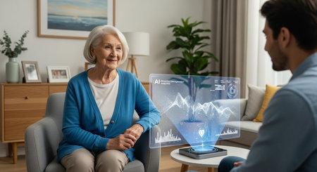 senior woman interacts with ai hologram technology with caregiver in a home setting for healthcare needsの素材