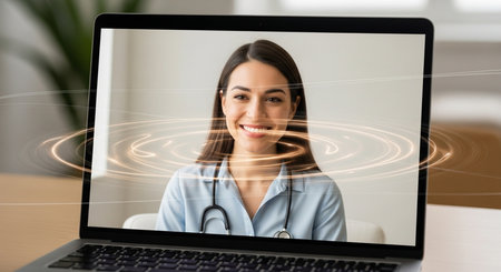 woman doctor on laptop screen offering online consultation and medical advice for your health needs nowの素材