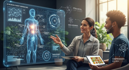 Attractive young woman using tablet and talking to her colleague in modern office with VR hologram projectionの素材