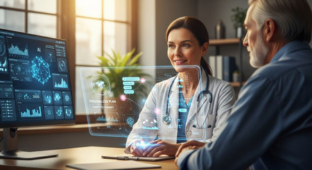 Doctor and patient working with virtual screen. Healthcare and medical services concept.の素材