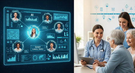 medicine, age, technology and people concept - close up of happy senior woman and doctor with tablet pc computer over virtual screen backgroundの素材