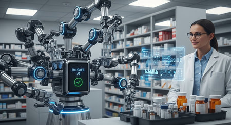 Beautiful female scientist looking at camera while standing near robot arm in laboratoryの素材