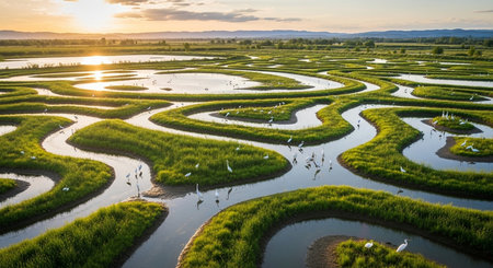 An aerial perspective reveals a stunning wetland ecosystem bathed in golden light. Intricate serpentine waterways intertwine with lush green landforms, creating a captivating natural pattern. Many white egrets gracefully dot the calm waters and grassy banks, enhancing the tranquil scene.の素材