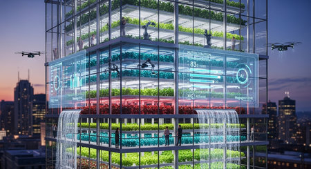 A high-tech vertical farm integrated into a skyscraper, showcasing sustainable urban agriculture with robotic automation, AI management, and drones. Lush crops under colored LED lights, cascading water features, and human observers create a vision of future food production in a vibrant city at twilight.の素材