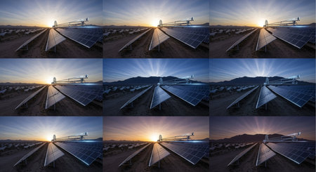 Photovoltaic solar panels in the desert at sunset. 3d renderの素材