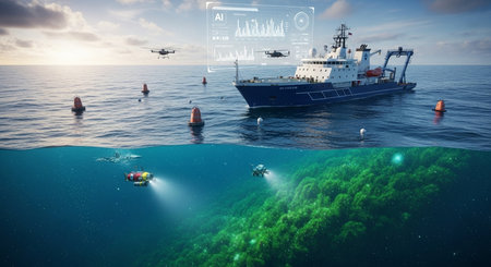 Fishing boat floating in the sea. 3d render and illustrationの素材