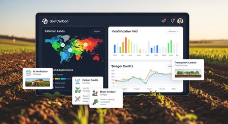 A tablet displays a 'Soil Carbon' dashboard in a vibrant agricultural field. The interface showcases global carbon lands, AI verification processes, carbon credits, incentives paid, and data on sustainable farming practices.の素材