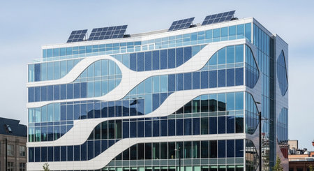 A striking contemporary building features an innovative architectural design with curved white panels and reflective glass. Its facade integrates blue dotted solar panels, complemented by rooftop photovoltaic systems, emphasizing sustainable energy and modern urban development.の素材