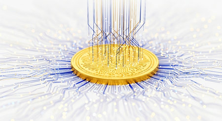 Abstract digital image featuring a gold coin on an intricate circuit board background, symbolizing cryptocurrency, blockchain technology, and digital finance with data connections.の素材