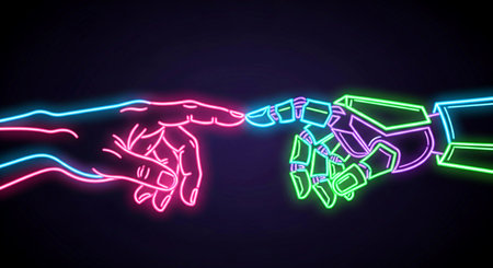 Neon outline illustration of a human hand and a robotic hand touching. Symbolizes the connection between humanity and advanced technology.の素材