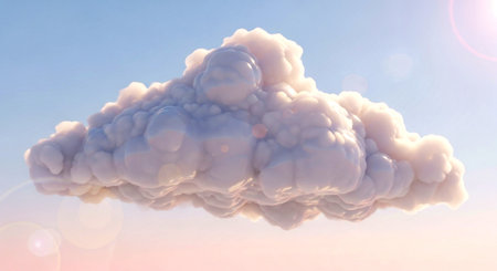 A pristine, volumetric cloud floats in a gradient sky, illuminated by golden hour sun with ethereal lens flares.の素材
