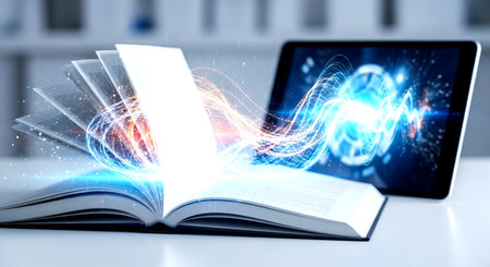 A conceptual image illustrating the bridge between traditional education and modern technology, with light flowing from a book to a tablet.の素材