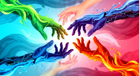 Vibrant digital art illustration featuring diverse hands, including human-like and stylized liquid/robotic forms, reaching towards each other in a colorful, flowing composition.の素材