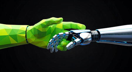 A conceptual image of two distinct hands, one organic geometric and one metallic robotic, engaged in a handshake, symbolizing collaboration and partnership.の素材