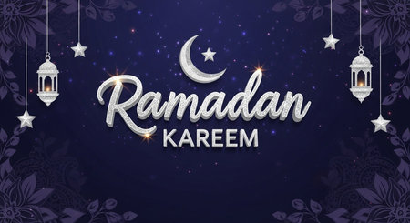 A festive Ramadan Kareem greeting design featuring sparkling silver text, a crescent moon, stars, and traditional lanterns on a dark blue, ornate background.の素材