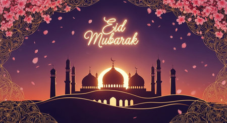 Beautiful Eid Mubarak greeting card design featuring a mosque silhouette against a vibrant sunset sky, adorned with cherry blossoms and intricate golden patterns.の素材